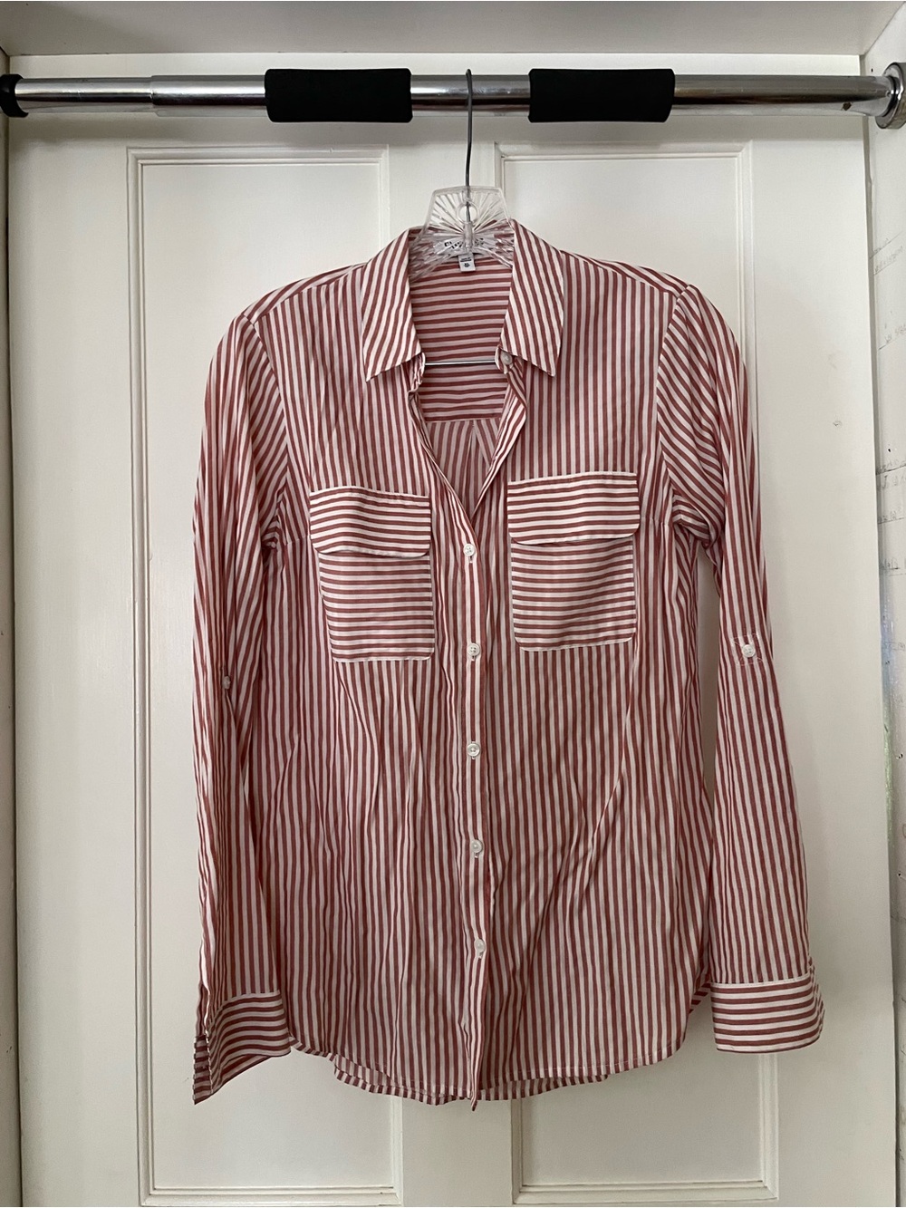 Express Red and White Striped Button-Front Blouse